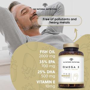 Omega 3 2000Mg 700Mg EPA + 500Mg DHA with Vitamin E, Supports Normal Heart, Brain & Vision Function. Heavy Metal Free. 120 Softgel N2 Natural Nutrition