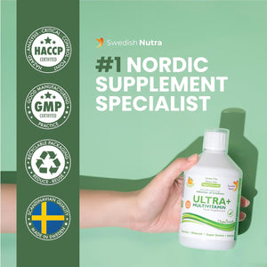 Swedish Nutra - Ultra+ Multivitamin Liquid Food Supplement - Pack of 500 Ml, 33 Day Supply | Packed with Vitamins, Minerals, Super Greens & Aminos to Boost Energy & Immunity I Natural Orange Flavour