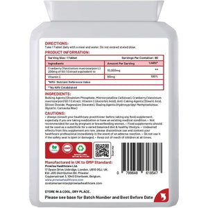 Double Strength Cranberry Tablets 10,000Mg I 90 Cranberry Tablets High Strength with Added Vitamin C I Made in the UK by Prowise Healthcare