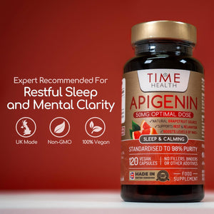 Apigenin - 50Mg X 120 Capsules - 98%+ Purity - Optimal Dose for Sleep & Relaxation Support - NAD+ Booster - Grapefruit Source - UK Made - GMP Standards - Zero Additives (120 Count (Pack of 1))