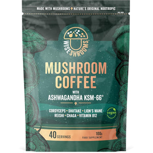 Mushroom Coffee with Lion'S Mane & KSM-66 Ashwagandha | Advanced Mushroom Powder Blend with Cordyceps, Shiitake, Lion'S Mane, Reishi, Chaga and Vitamin B12 | 100G - 40 Servings | Wiseshrooms