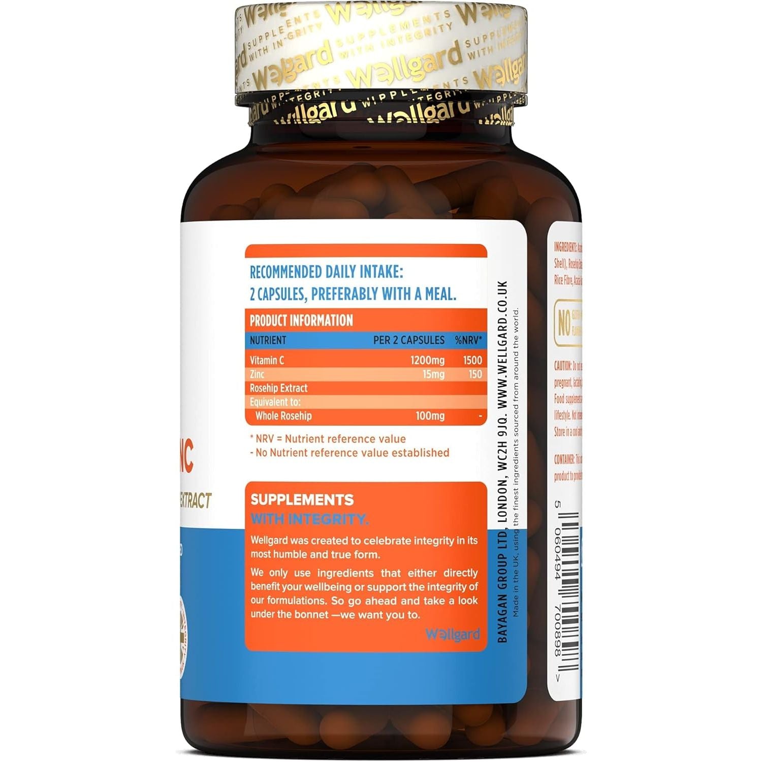 Vegan Vitamin C and Zinc by Wellgard - Maximum Recommended Daily Intake of Zinc, Made in UK