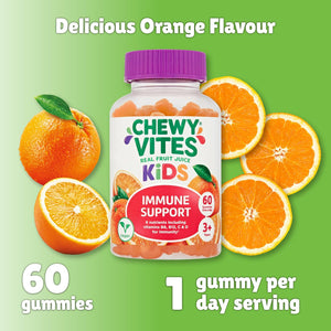 Chewy Vites Kids Immune Support, 60 Kids Vitamins Gummies, High Strength Vitamin D, Vit C, B6, B12, Zinc, Selenium, 2 Months Supply, Real Fruit Juice, Vegan, Age 3 +, Orange Flavour