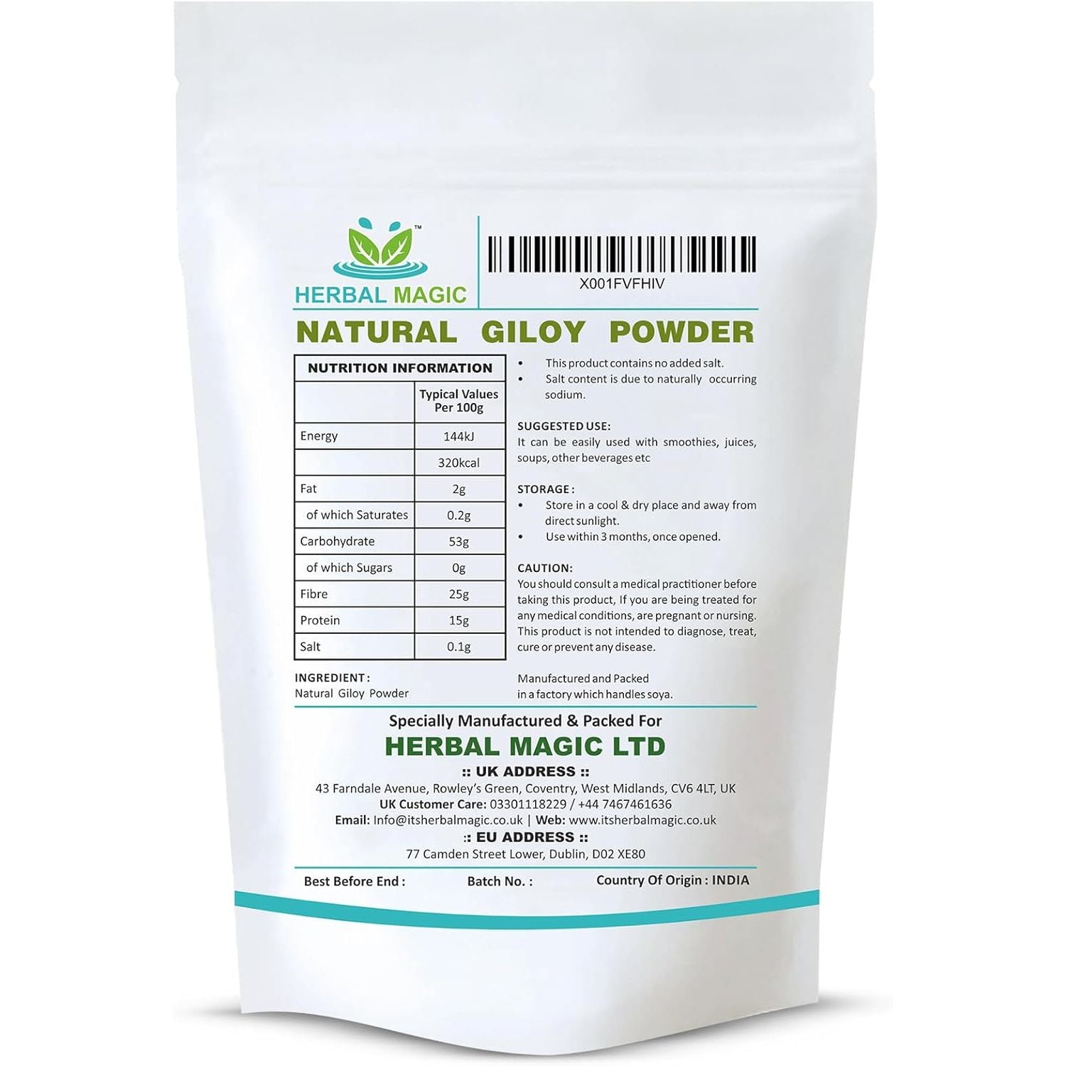 Herbal Magic'S Pure & Natural Giloy Powder, for Super Smoothies, Shakes, Soups - Premium Quality Powder - Free from Fillers & Preservatives - 100G