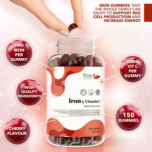 Troo Health Care Iron & Vitamin C - 150 Natural Cherry Flavour Gummies - Tasty Chewable Supplement for Men, Women and Kids - Increased Absorption Supports Cognitive & Red Blood Cell Formation