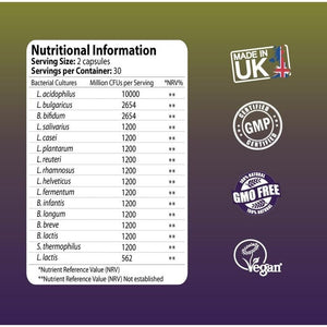 Nutrizing Bio Cultures Complex Probiotics for Gut Health - High Strength 30 Billion CFU with 16 Bacterial Cultures - Vegan Gut Health Supplements - Probiotics for Men & Women - Made in UK