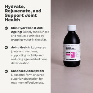 Youth & Earth Liposomal Hyaluronic Acid Liquid - Pure Hyaluronic Acid Supplements for Natural Skin Hydration & Joint Supplements for Men & Women - 100% Vegan Formula Dragon Fruit Flavor (250Ml)