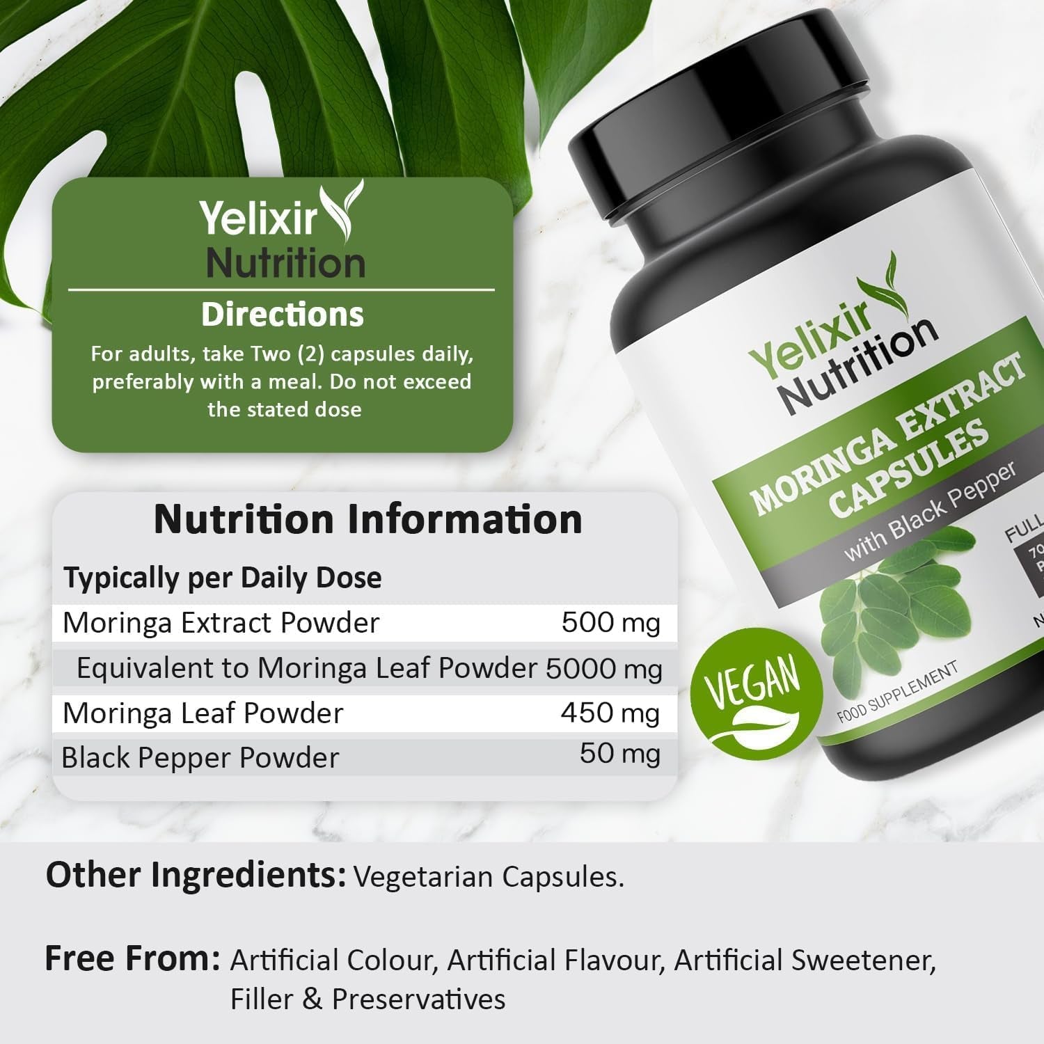 Yelixir Nutrition Moringa Capsules 5450Mg, High Strength Moringa Leaf Extract 120 Veg Capsules with Black Pepper, No Added Fillers like Brown Rice Flour