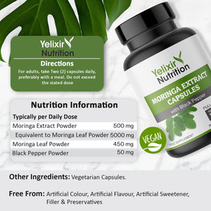 Yelixir Nutrition Moringa Capsules 5450Mg, High Strength Moringa Leaf Extract 120 Veg Capsules with Black Pepper, No Added Fillers like Brown Rice Flour