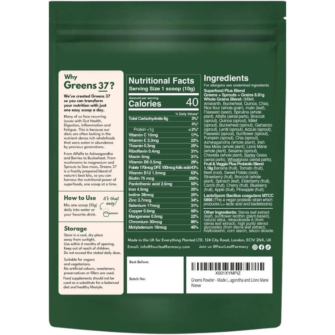 Greens Powder - Made in UK with 37 Superfoods - 300G High Dosage Servings - Vegan Gluten Free Greens Powder- Daily Vitamins, Probiotics for Gut Health - with KSM-66® Ashwagandha and Lions Mane