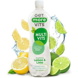 Get More Vits Sparkling Water - Low Calorie, Sugar Free, & Multivitamin Flavoured Water - Fizzy Drink with Vitamin D, C, & B Vitamins - Lemon & Lime Spring Water - 1 Litre Bottles, Pack of 12