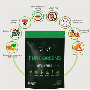 Pure Greens Superfood Powder 150G - Premium Organic Blend of 6 Plant Based Super Greens - Vegan & Gluten Free - Vitamin Fibre & Mineral Rich Formula - Made in the UK