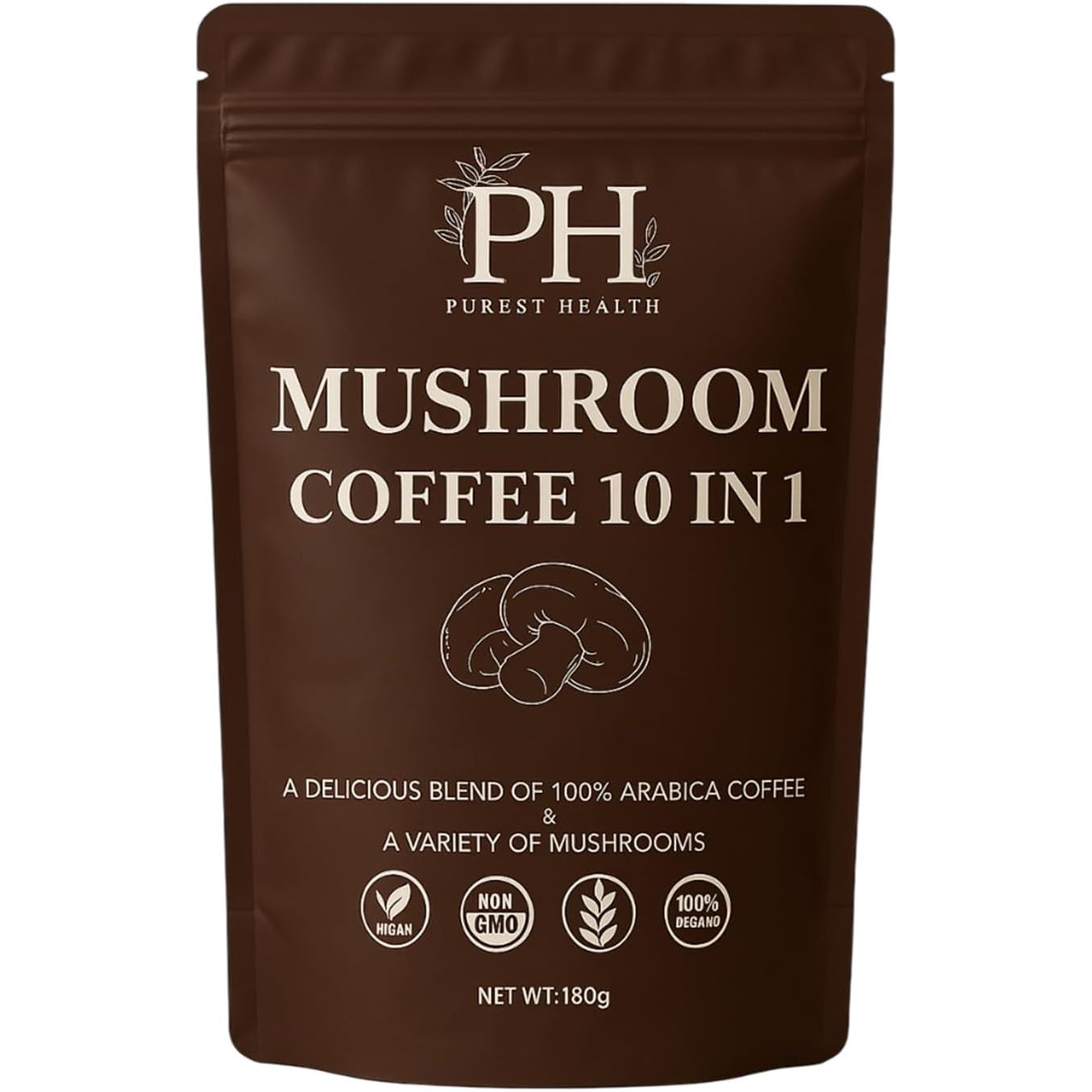 Purest Health Mushroom Coffee - 10 Mushroom in 1 Advanced Blend - Premium Arabica Coffee with Lions Mane, Maca and Ashwagandha - Vegan & Non-Gmo, 180G, 36 Servings