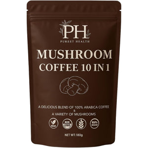 Purest Health Mushroom Coffee - 10 Mushroom in 1 Advanced Blend - Premium Arabica Coffee with Lions Mane, Maca and Ashwagandha - Vegan & Non-Gmo, 180G, 36 Servings
