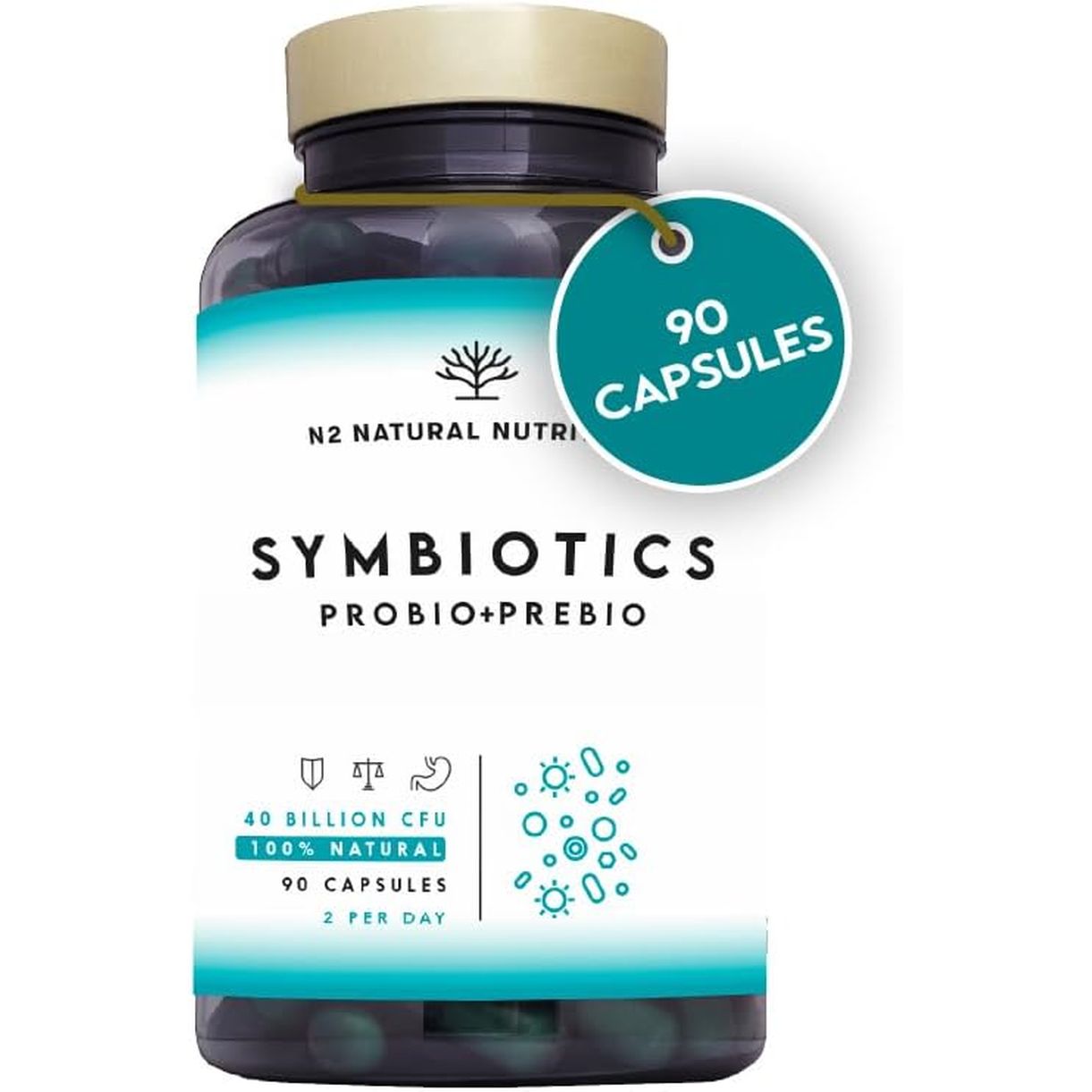 Probiotics and Prebiotics Supplement for Adults, 40 Billion CFU, 6 Probiotic Strains with Inulin. 90 Vegan Capsules. N2 Natural Nutrition