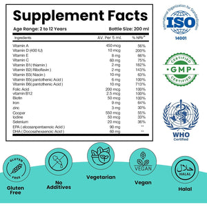 Tresible Best Kids Multivitamin Liquid with Iron for Immune Support (2 to 12 Years) - 200 Ml Liquid Multivitamin for Kids with Omega 3, Vitamin D and Zinc - Vegan Toddler Vitamins Age 2 with 40 Doses