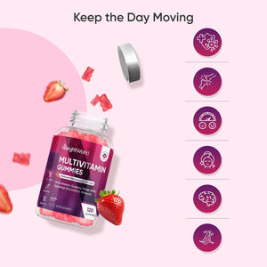 Multivitamin Gummies for Women & Men - 13 Ingredients - 120 Gummies - 2 Months Supply - Natural Strawberry Flavour - Vitamins & Minerals like Vit C, D3, B6, B7, B12 & Zinc - Vitamin Gummies for Adults