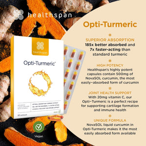 Healthspan Opti-Turmeric | High Strength 500Mg Liquid Curcumin | Supports Cartilage Formation | Immune Health | 185 Times Better Absorbed & 7 Times Faster Acting than Standard Turmeric (60 Capsules)