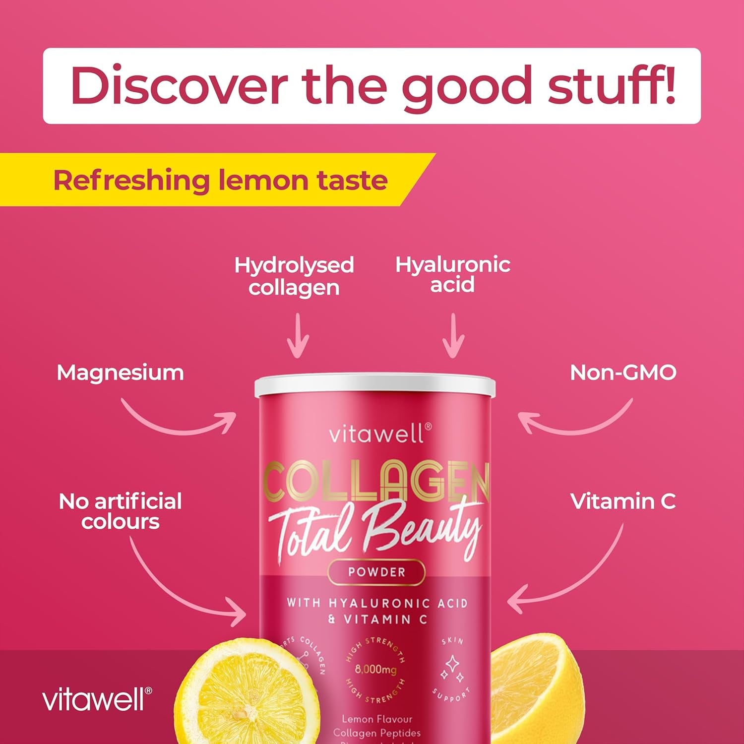 Vitawell Collagen Total Beauty Powder Supplement for Women | 8,000Mg Hydrolysed Collagen Peptides Powder with Vitamin C + Magnesium + Hyaluronic Acid | Non-Gmo 200G (Lemon Flavour)