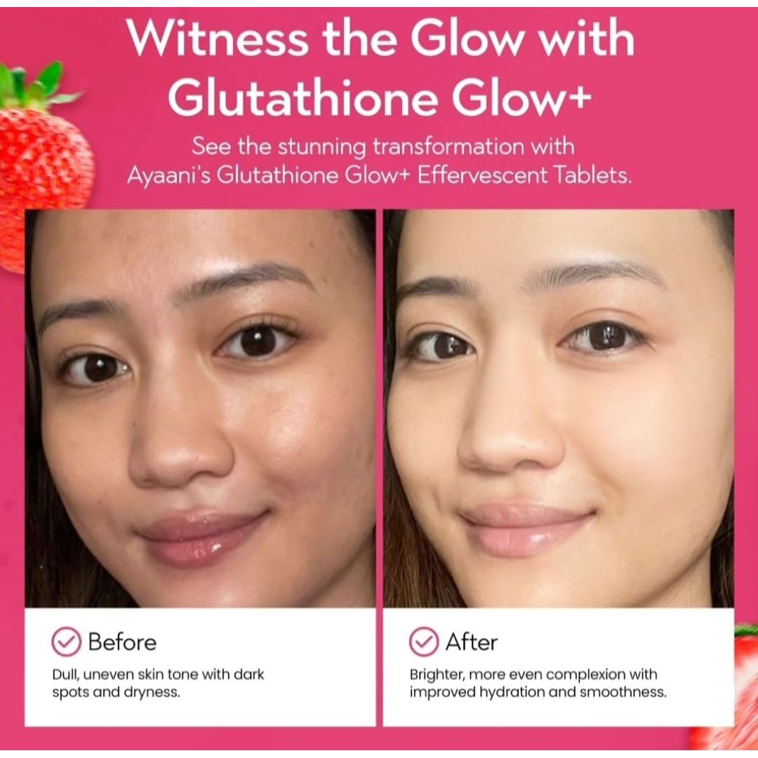 Ayaani Glutathione Glow+ 1200Mg - Effervescent Beauty Tablets with Vitamin C, Hyaluronic Acid & Alpha Lipoic Acid - Skin Brightening & Antioxidant Support - Strawberry Flavour - 20 Tablets
