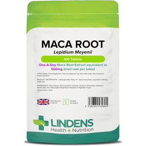 Lindens - Maca Root 500Mg, 100 Tablets - 1 a Day - UK Made - Improve Energy and Performance - Popular Botanical Food Supplement - Letterbox Friendly, Vegan