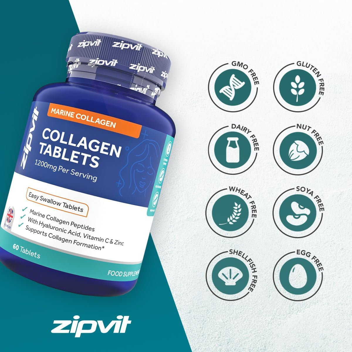 Zipvit Marine Collagen 1200Mg Tablets with Hyaluronic Acid, Vitamin C, and Zinc. High Strength Type 1 Collagen for Men and Women, Supports Hair, Skin, and Nails, 60 Tablets, 1 Month Supply