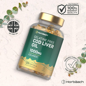 Cod Liver Oil Gelatine Free 1000Mg | 120 Capsules | High Strength Supplement with Vitamin A, D and Omega 3 DHA/EPA | Suitable for Pescatarians | by Horbaach