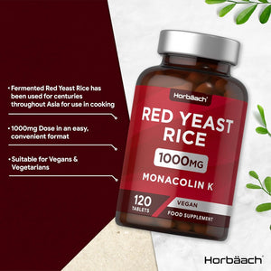 Red Yeast Rice 1000Mg | 120 Vegan Tablets | High Strength Supplement with Monacolin K | Monascus Purpureus | by Horbaach