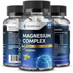 Magnesium 6-In-1 Complex, 2550Mg with Magnesium Citrate, Glycinate, Malate, Oxide, Taurate and Orotate - Promotes Sleep, Energy and Muscles - for Stress & Anxiety Relief - 120 Capsules by Healthessent