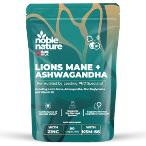 Noble Nature 267Mg Lions Mane + 250Mg Ashwagandha KSM 66 4-In-1 Formula – with 10Mg Zinc Bisglycinate and 1Mg Vitamin B1 Capsule Supplement – Adaptogens for Calm Brain, Stress, Mood, & Health (90)