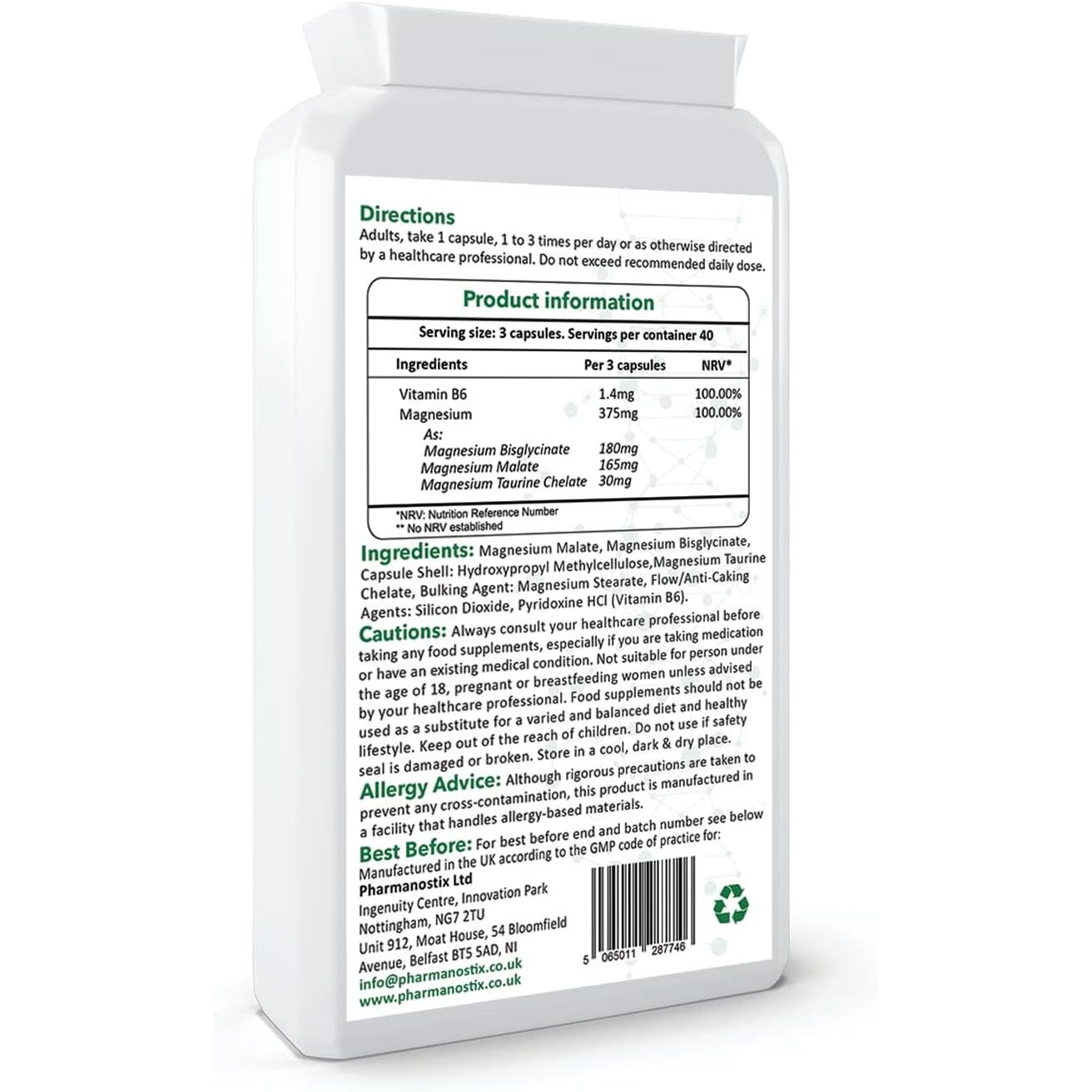 Triple Magnesium Complex 120 Vegan Capules - Malate, Bisglycinate & Taurate, Providing 375Mg Elemental Magnesium per Daily Serving - with Added Vitamin B6 by Pharmanostix