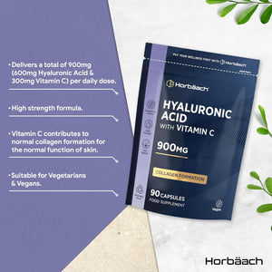 Hyaluronic Acid Supplement 900Mg | 90 Vegan Capsules | High Strength Bioavailable Formula with Vitamin C | by Horbaach