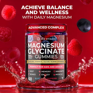 Magnesium Glycinate Gummies for Kids & Adults - High Strength Magnesium Glycinate 400Mg with Malate, Zinc, D3, B6 & Taurine – Blueberry & Raspberry Flavours – Sleep, Focus & Relaxation – 120 Chews