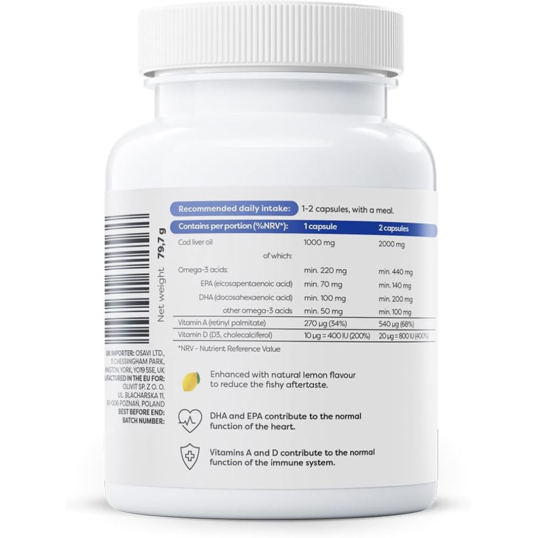 Osavi Norwegian Cod Liver Oil 1000 Mg – 60 Softgels | Lemon Flavor | DHA & EPA for Heart, Brain & Vision Health | Supports Immune Function | Sourced from Wild Atlantic Cod