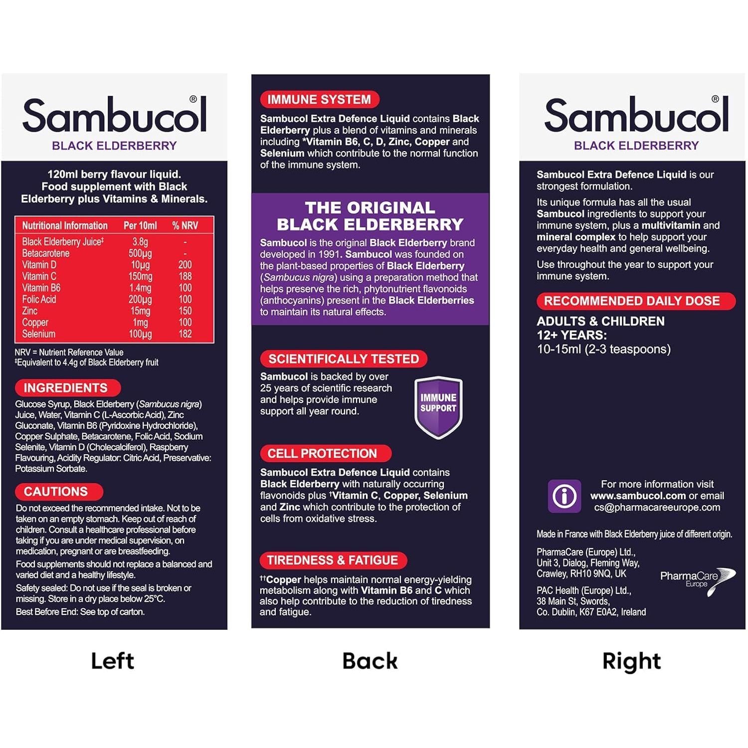 Sambucol Natural Black Elderberry Extra Defence Liquid | Vitamin C, B6 & D | Zinc | Folic Acid & Minerals |Advanced Immune Support Supplement | 120Ml