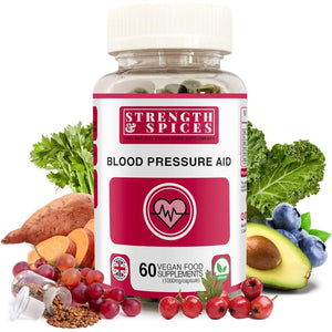 Strength & Spices Blood Pressure Aid, Immune System Booster Herbal Supplements, Blood Pressure Tablets with 15 Natural Ingredients Including Hawthorn Berry and Grape Seed, 1000 Mg, 60 Capsules