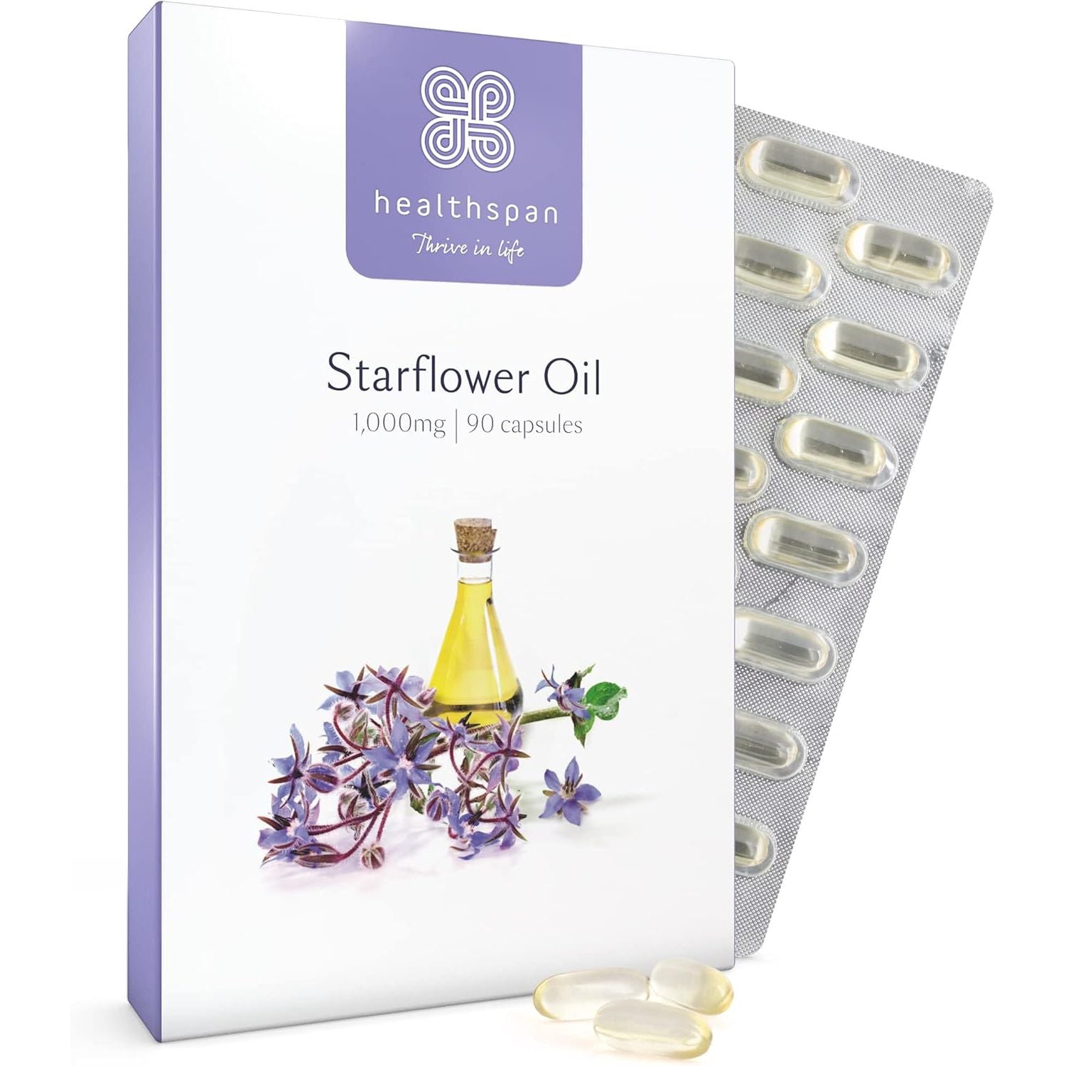 Starflower Oil 1,000Mg (90 Capsules) | Healthspan | Richest Source of Gamma-Linolenic Acid (GLA) | Women'S Health | 207Mg GLA & 131Mg Omega 9 Fatty Acids per Capsule | Vegan