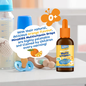 Minadex Minakids Multivitamin Drops – Liquid Vitamins for Children, A, B1, B2, B3, B6, C & D3 (400IU), Vegan, Orange Flavour, 60Ml (2-Month Supply), Made in UK