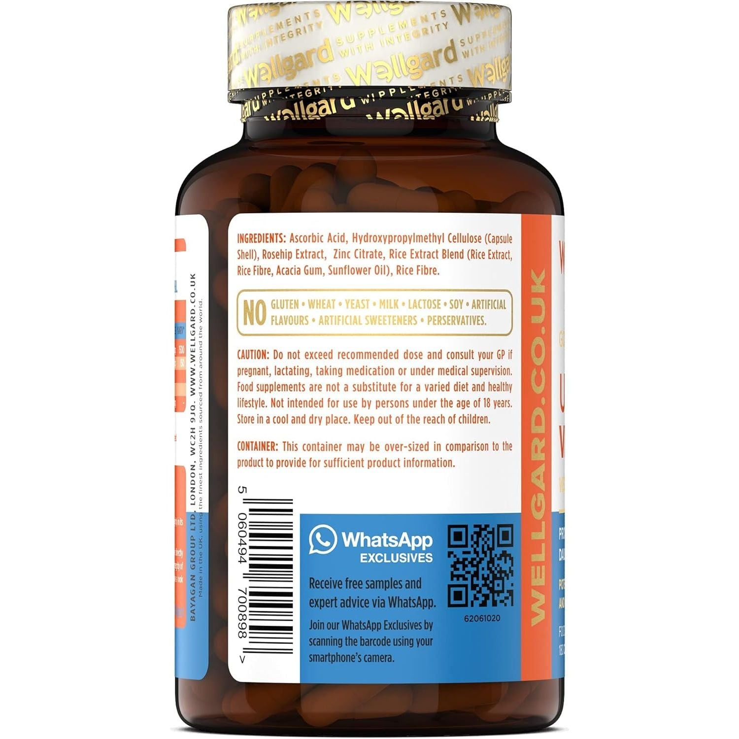 Vegan Vitamin C and Zinc by Wellgard - Maximum Recommended Daily Intake of Zinc, Made in UK