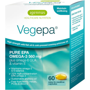 Vegepa, EPA Omega 3 & GLA Omega 6, Ultra Pure Wild Fish Oil & Evening Primrose Oil, 60, 560Mg EPA per Serving, 30 Servings, 60 Capsules, by Igennus