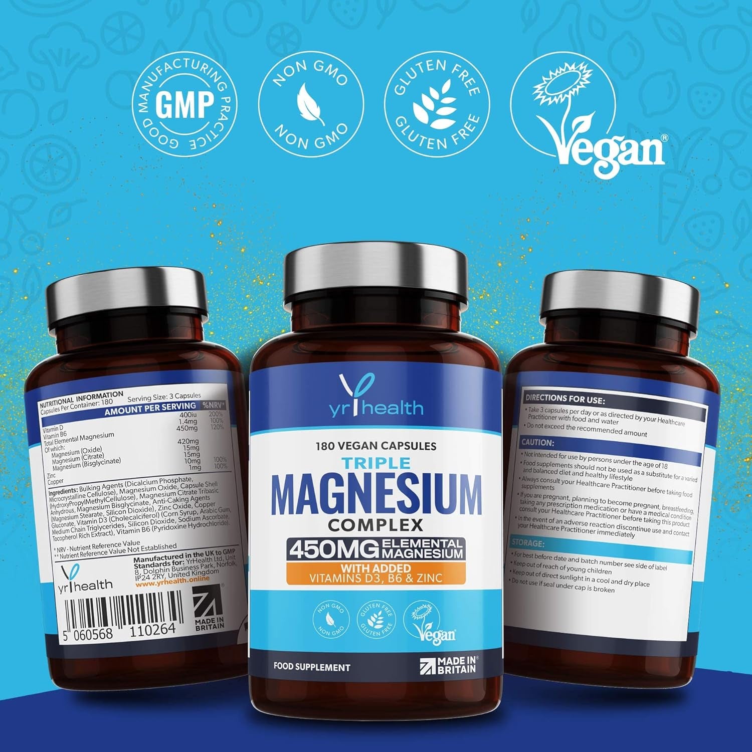 Vegan Magnesium Supplements with Zinc, 180 Capsules, Triple Magnesium Complex Supplement plus Vitamin D, B6 & Copper, Vegan Society Registered, Made in the UK by Yrhealth