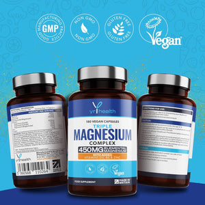 Vegan Magnesium Supplements with Zinc, 180 Capsules, Triple Magnesium Complex Supplement plus Vitamin D, B6 & Copper, Vegan Society Registered, Made in the UK by Yrhealth