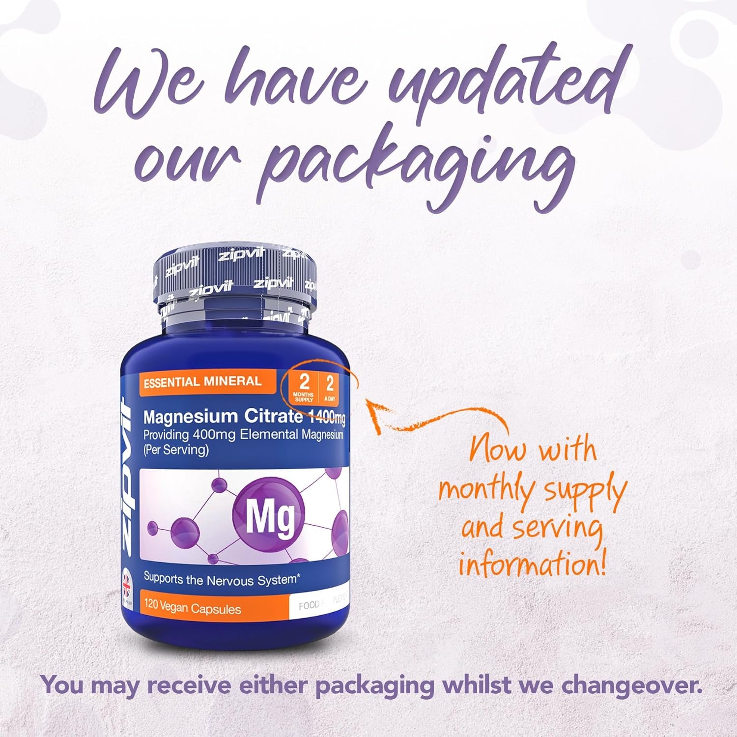 Zipvit Magnesium Citrate 1400Mg, Provides 400Mg Elemental Magnesium, Highly Absorbable for Bone, Muscle & Energy Support. 120 Vegan Capsules, 2 a Day, 2 Months Supply.