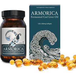 ARMORICA Fermented Cod Liver Oil | Cold-Processed & Naturally Enriched | Omega-3, Antioxidants, and Vitamins a & D | Made in the UK (Unflavoured) (120 Capsules)