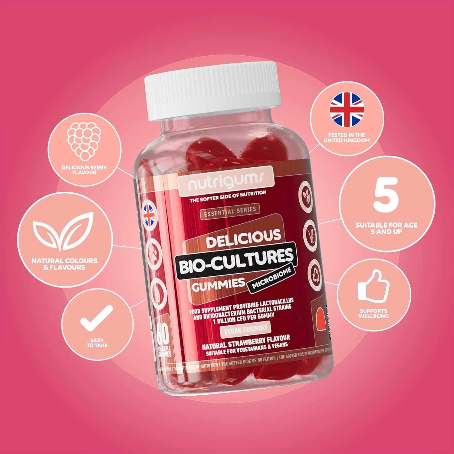 Bio-Cultures Microbiome Complex Gummy | 12 Multi-Strain Probiotics 1 Billion CFU | Acidophilus & Bifidobacterium | Strawberry Flavour | 60 Vegan Gummies | Support Wellbeing & Gut Heath by NUTRIGUMS®
