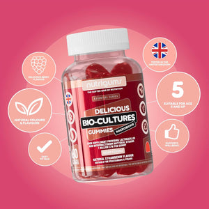 Bio-Cultures Microbiome Complex Gummy | 12 Multi-Strain Probiotics 1 Billion CFU | Acidophilus & Bifidobacterium | Strawberry Flavour | 60 Vegan Gummies | Support Wellbeing & Gut Heath by NUTRIGUMS®