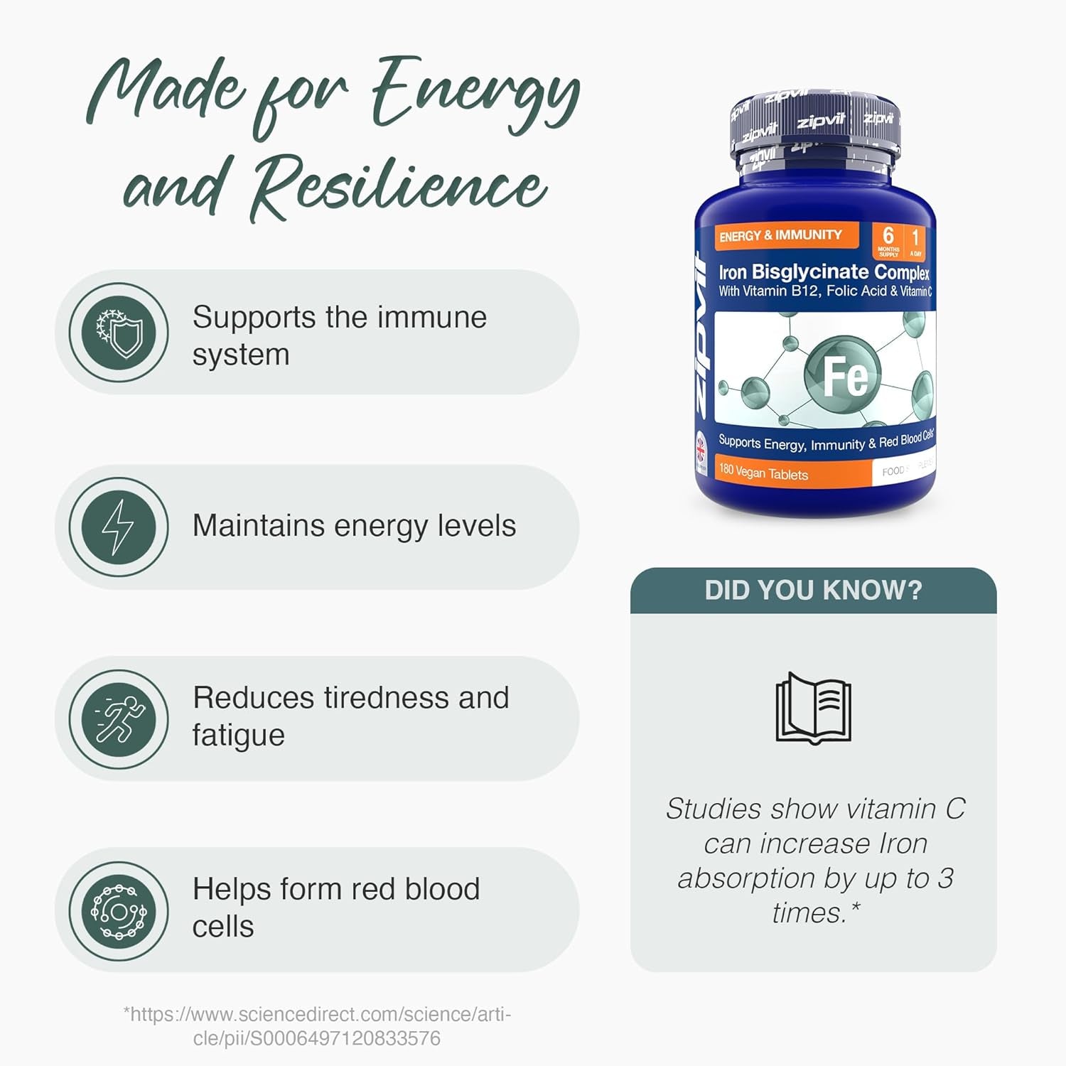 Zipvit Iron Tablets High Strength with Vitamin C, B12 & Folic Acid, 180 Vegan Energy Tablets, Iron Supplements for Women & Men for Energy & Absorption