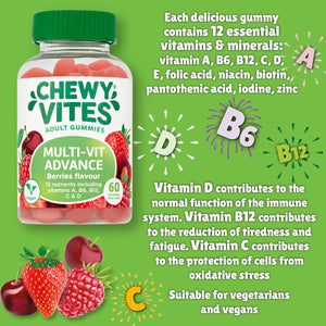 Chewy Vites Adult Multivitamin Advance, 60 Multivitamin Gummies, 12 Essential Nutrients, 2 Months Supply, Real Fruit Juice, Vegan, Berries Flavour