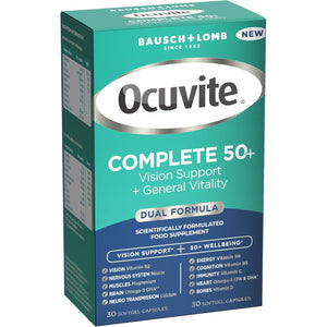 Ocuvite Complete 50+ Eye Supplement - Supports the Visual System & 50+ Wellbeing by Bausch + Lomb – Lutein and Zeaxanthin Supplement with Omega 3 DHA & EPA, Vitamin B6 & Vitamin D, 2 Capsules per Day