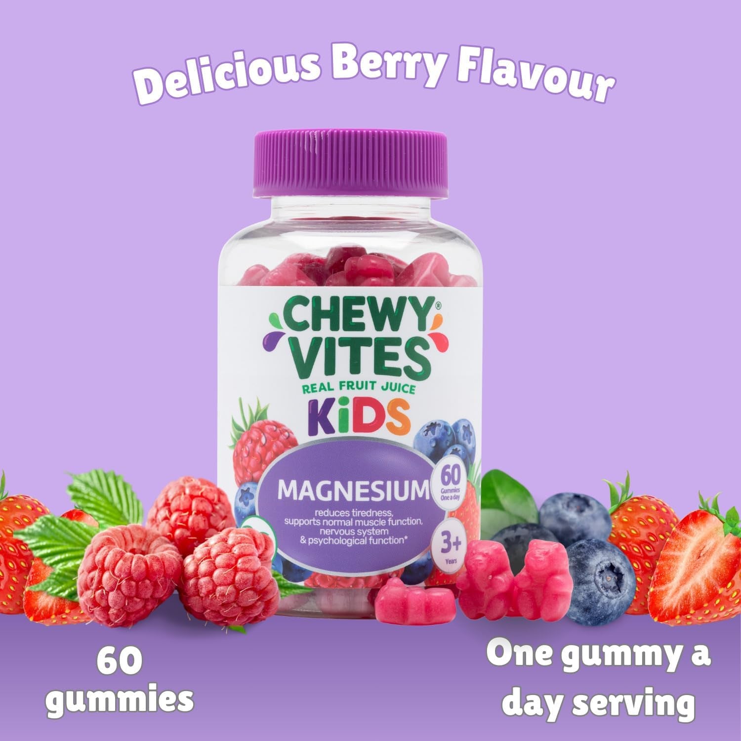 Chewy Vites Kids Magnesium, 2 Months Supply, 60 Kids Vitamins Gummies, 500Mg Magnesium Citrate Providing 56Mg per Gummy, Real Fruit Juice, Age 3 +, Berries Flavour